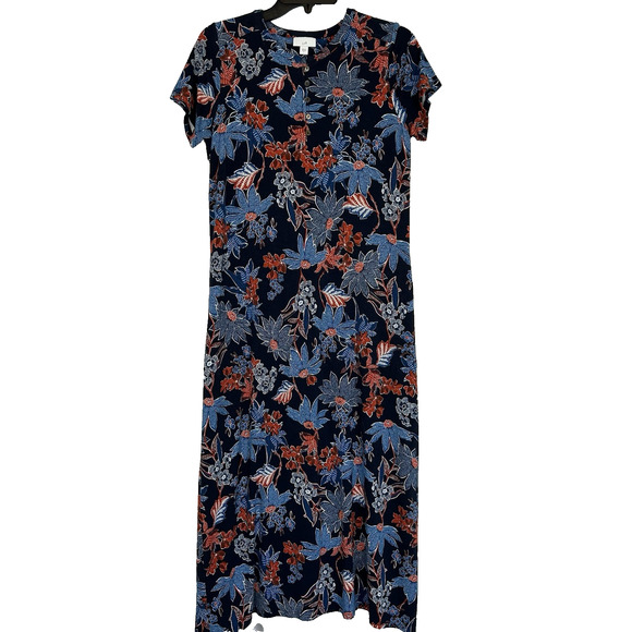 J Jill Dress Womens Small Blue Red Floral Maxi Pockets Soft Jersey Knit Chore S - Picture 1 of 9